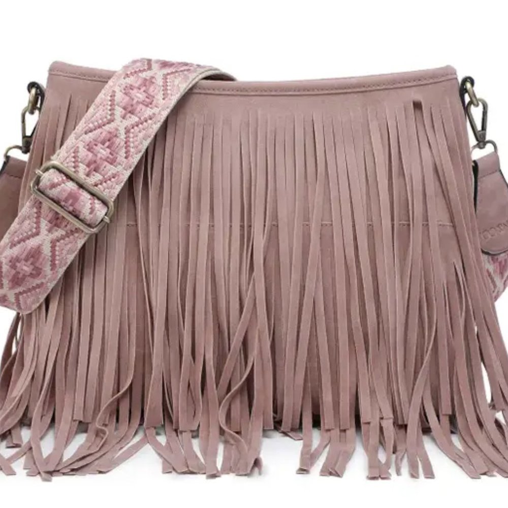NWT Sadie - Vegan Suede Fringe Crossbody w/ Guitar Strap Mauve